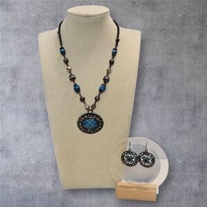 Gun Metal Blue Pendant Necklace and Earring Set